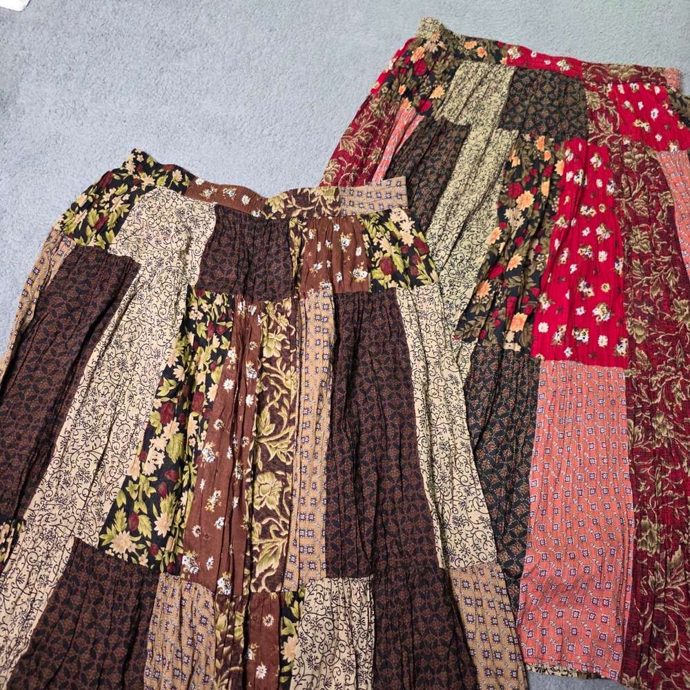 Sag Harbor Womens L x2 Maxi Skirts Brown Red Patchwork Floral Tiered Cotton Boho